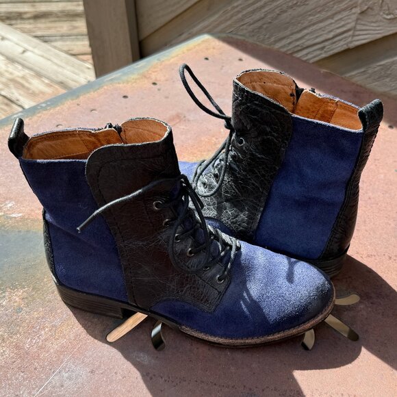 NAYA Anthropologie Agave Black Leather Blue Suede Zip Ankle Boot - Picture 4 of 11